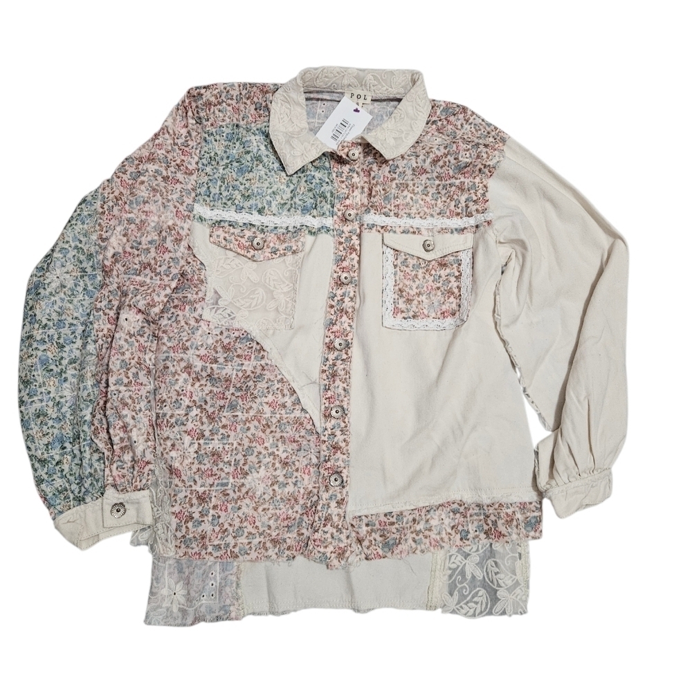 POL Floral Patchwork Button Up Cotton Shacket NEW